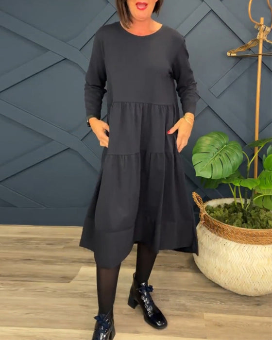 Robe décontractée de couleur unie à col rond et patchwork