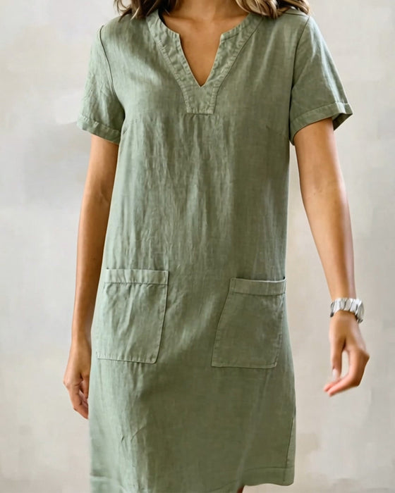 Robe Petit Col V Poche Shift