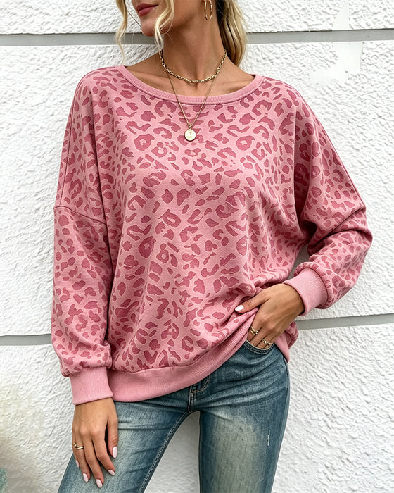 Pullover Sweatshirt Léopard Col Rond Épaule Descendue