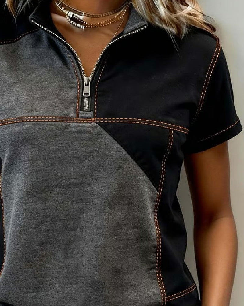 Haut Demi-Fermeture Éclair Color-Block Manches Courtes