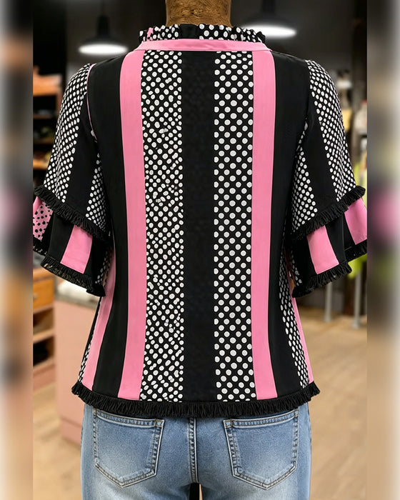 Chemise Pois Contraste Patchwork Volant