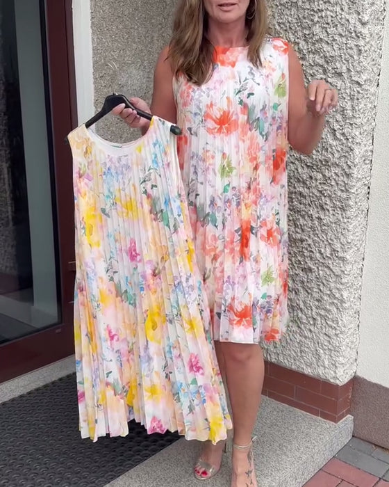 Robe Sans Manches Plissée Fleurie