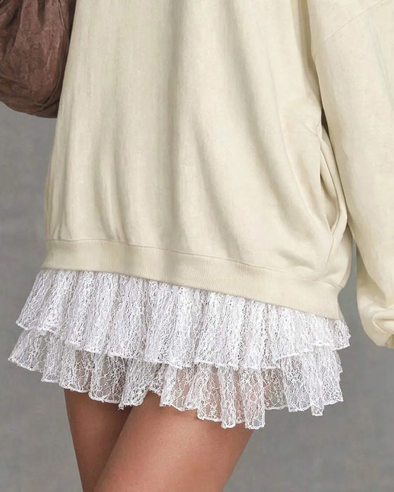 Robe Cold Shoulder Manche Lanterne Dentelle Patchwork