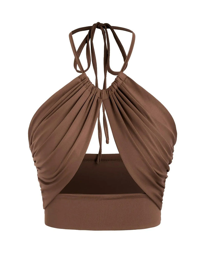 Cami Top Femme Froncé Nœud Dos Col Halter Court