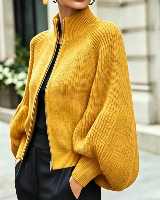 Manteau Col Montant Fermeture Éclair Manche Lanterne