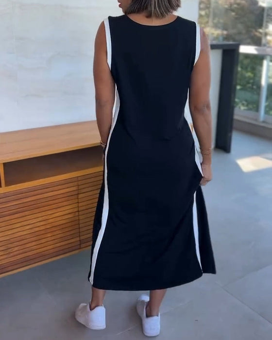 Robe À Bloc De Couleur Sans Manches Fendue Maxi