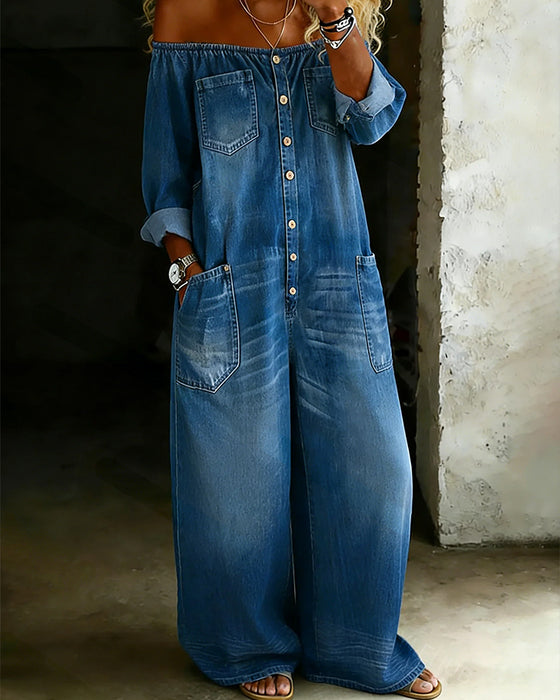 Combinaison Off-Shoulder Denim Large Jambe