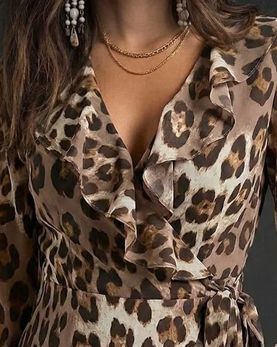 Blouse Volant Manche Léopard Imprimé