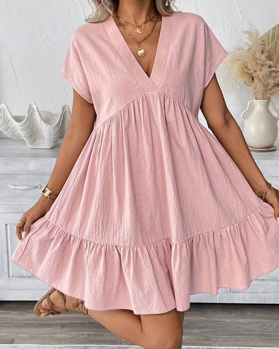 Robe Unie Col-V Volant-Garni