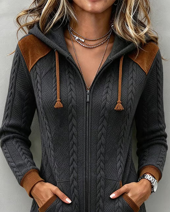 Manteau Blocs De Couleurs Tresse À Capuche Fermeture Éclair
