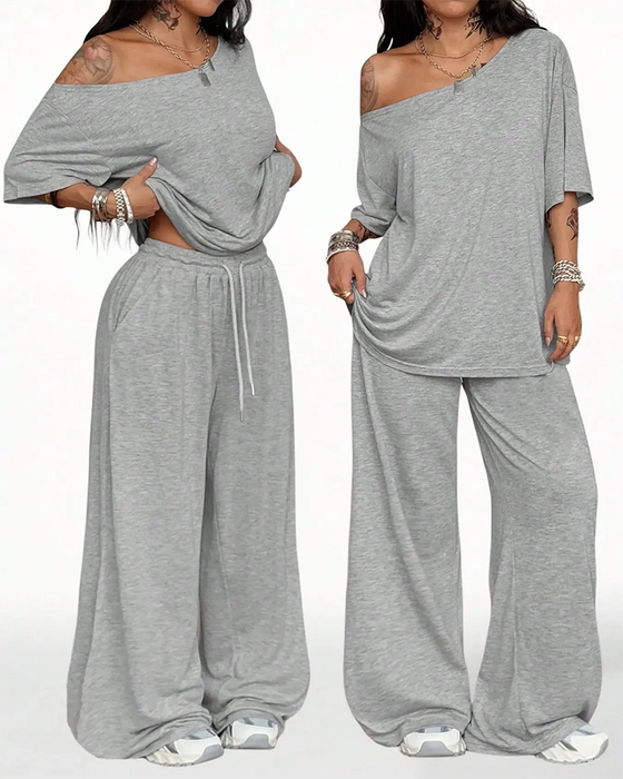 Ensemble Col Oblique Cordon De Serrage À La Taille Large Jambe Pantalon