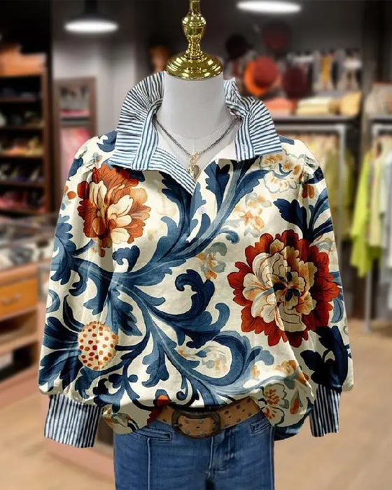 Blouse Vintage Fleurie Patchwork Rayée Col