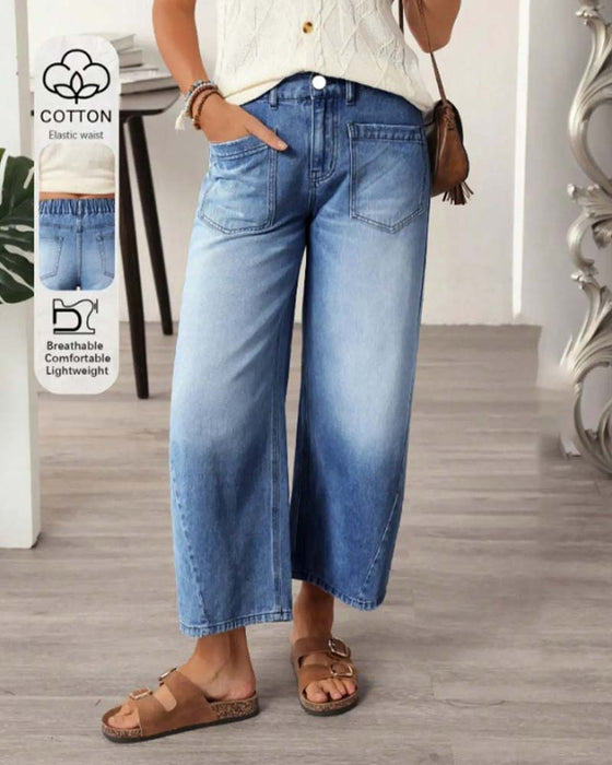 Jean Denim Taille Élastique Large Jambe Cropped