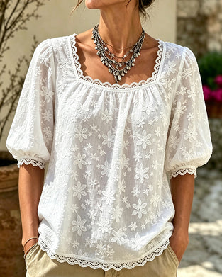 Chemisier À Col Carré Manches Bouffantes Jacquard