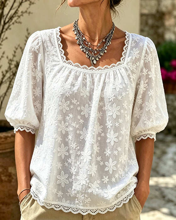 Chemisier À Col Carré Manches Bouffantes Jacquard
