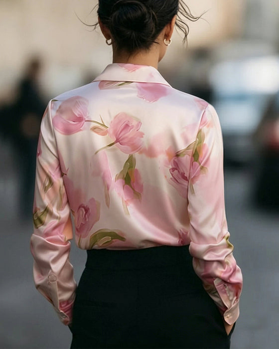 Blouse Revers Col En V Imprimé Fleuri Manches Longues