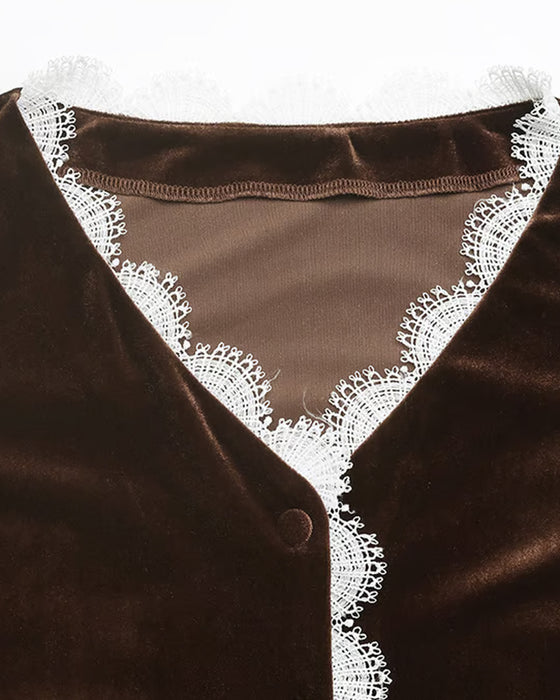 Top Avec Détail de Panneau de Dentelle, Design à Col V Et Style Féminin