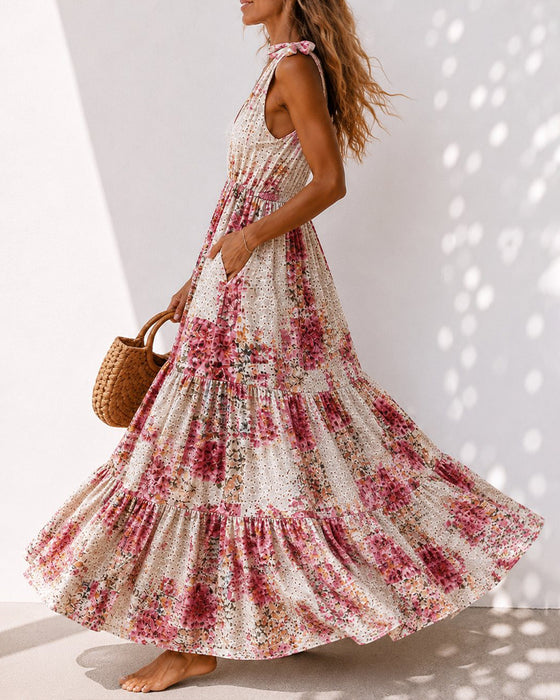 Robe Florale Attache Col V Superposée