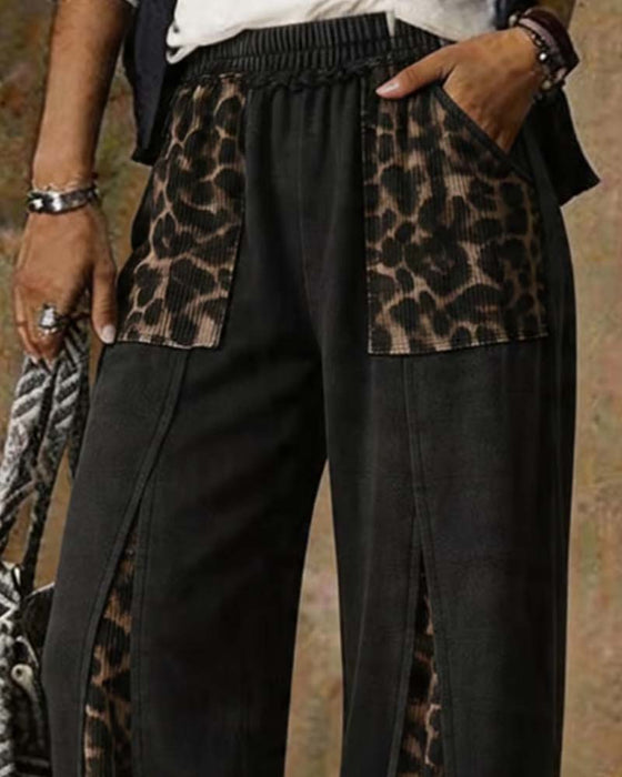 Pantalon Imprimé Léopard Large Patchwork Décontracté