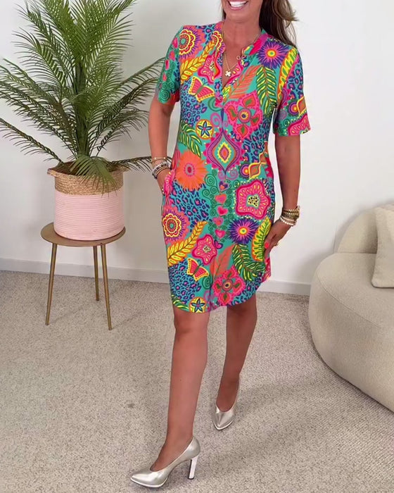 Robe Mode Manches Courtes Imprimé Fleuri