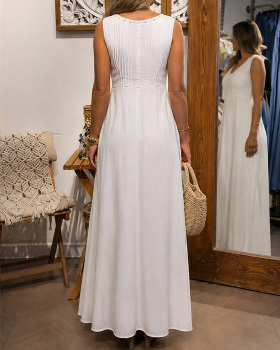 Robe Sans Manches Bouton Devant Blanc Maxi