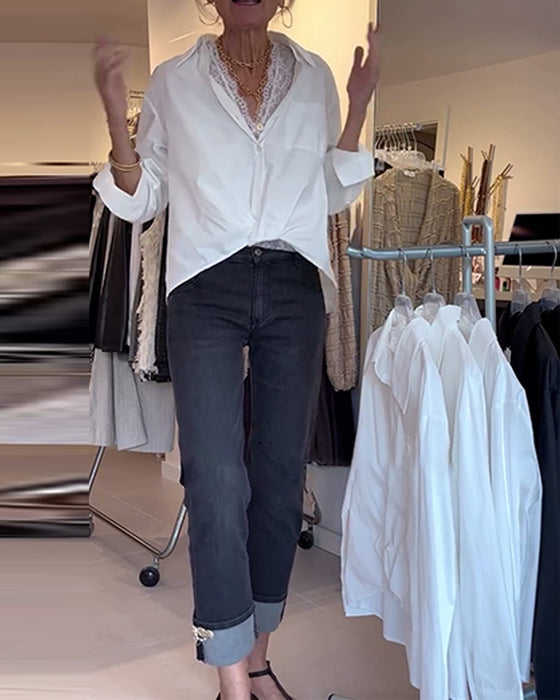 Chemise Et Dentelle Ensemble Sous-vêtement Revers Uni Manches Longues