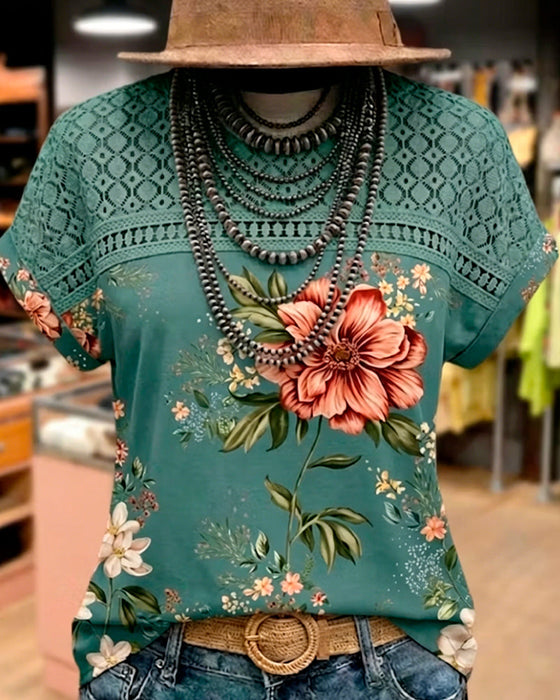 T-Shirt Découpé Patchwork Manches Courtes