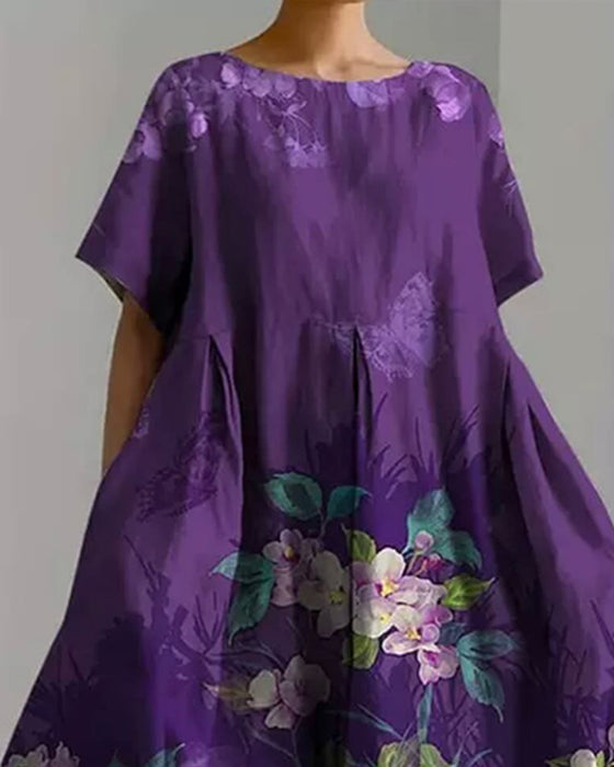 Robe Col Rond Violet Florale