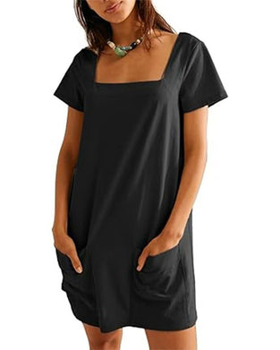 Robe Col Carré Manches Courtes Poche