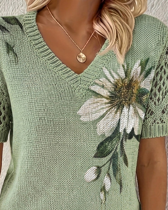 Pull-Over Col En V Tricoté Fleuri