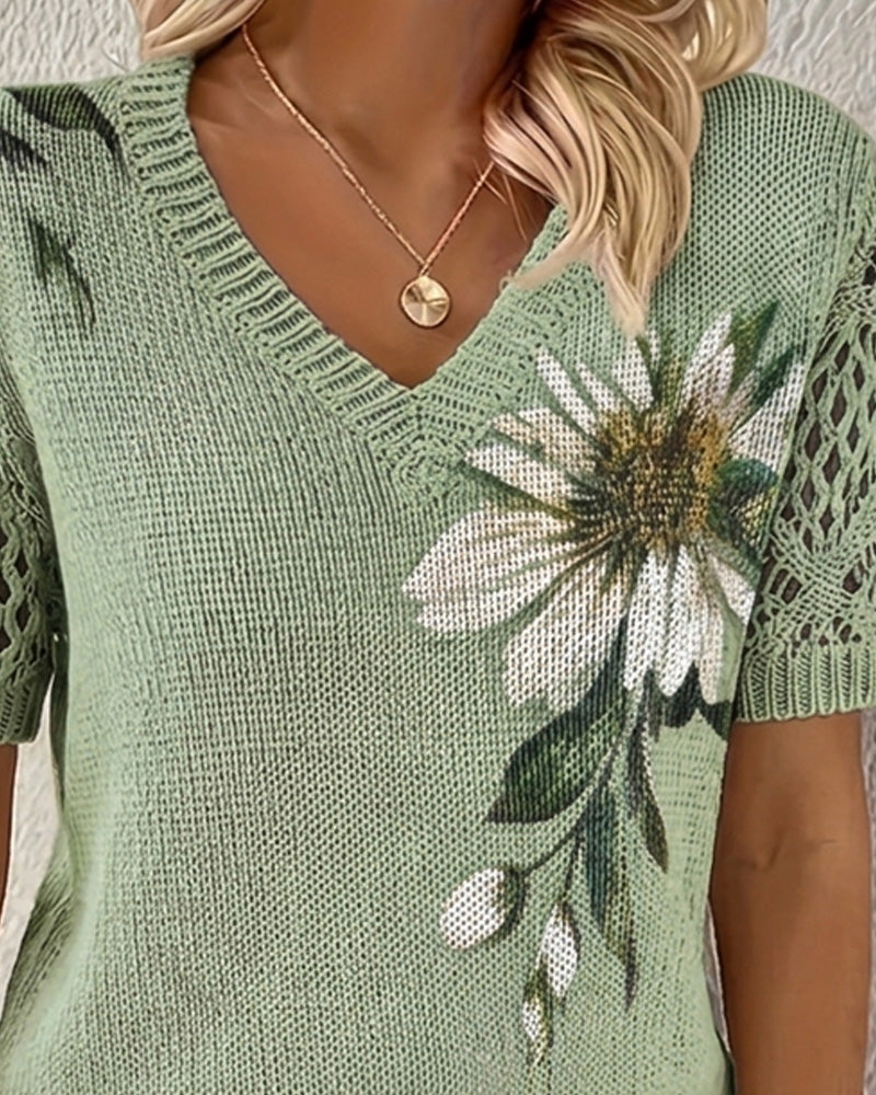 Pull-Over Col En V Tricoté Fleuri