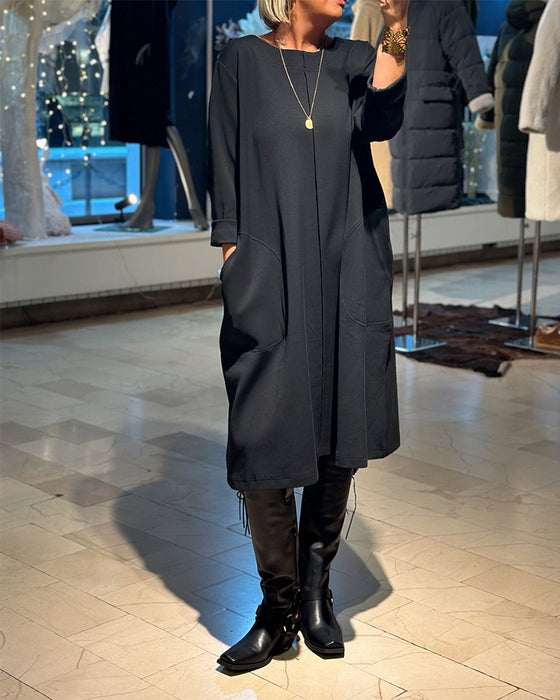 Robe ample décontractée de couleur unie avec col rond et poche