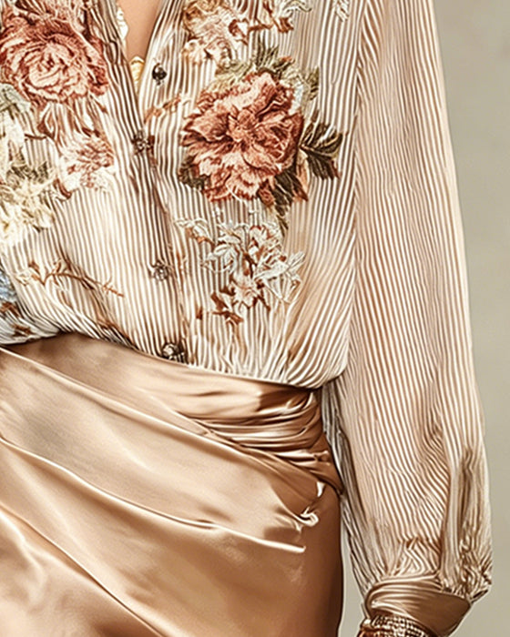 Blouse Revers Fleuri Rayure