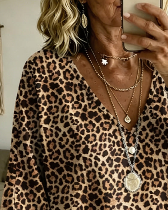 Blouse Col V Léopard Décontractée