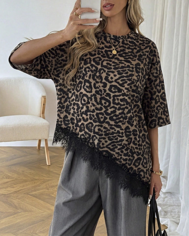 Blouse Asymétrique Dentelle Ourlet Assemblé Manches Courtes