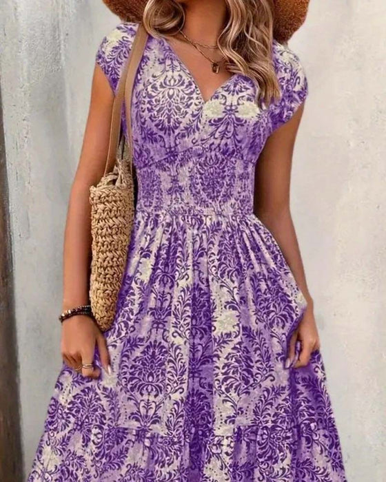 Robe Rétro Imprimé Col En V Taille Cintrée Longue