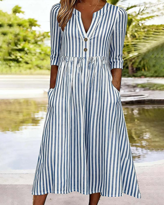 Robe Bleu Blanc Rayé Manche Trois-Quarts