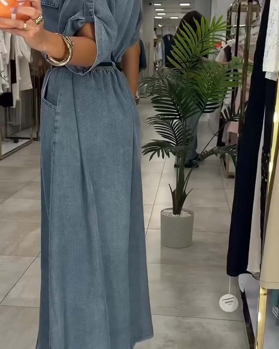 Robe Col Chemise Poche Bouton Denim