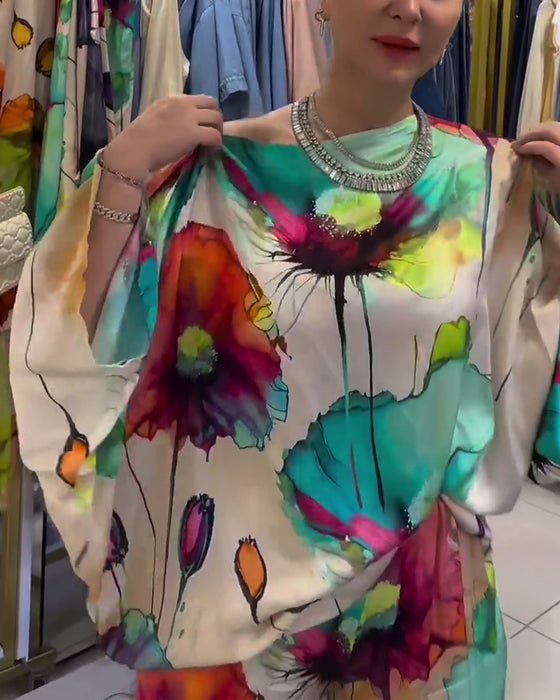 Ensemble asymétrique à manches trois-quarts à imprimé lotus