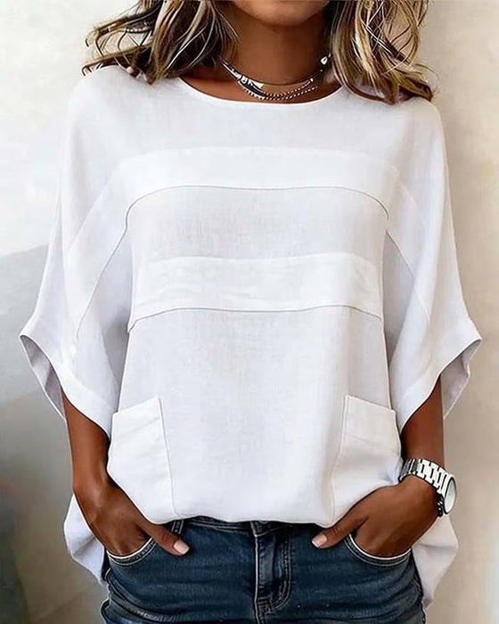 Chemisier 100% Coton Manches Chauve-Souris Coupe Lâche Col Rond
