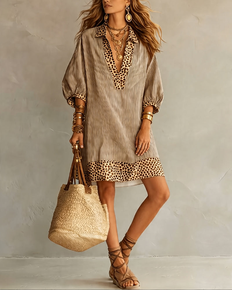 Robe Panneau Imprimé Léopard Manche Bouffante Chemise Rayée