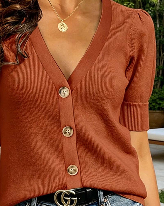 T-Shirts Col V Bouton Manche Bouffante