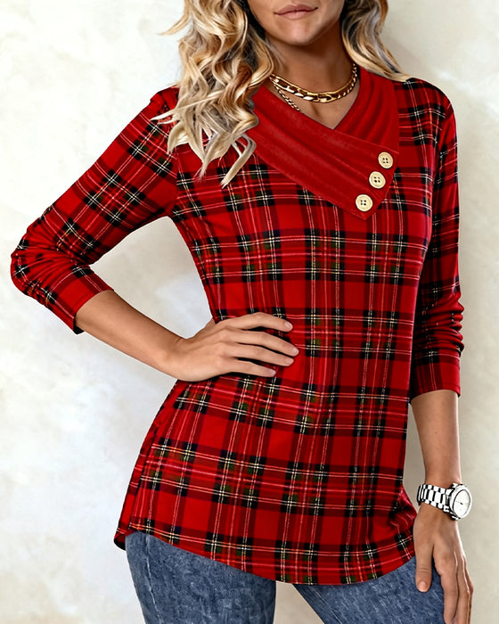Long-sleeved top with scarf collar and plaid pattern