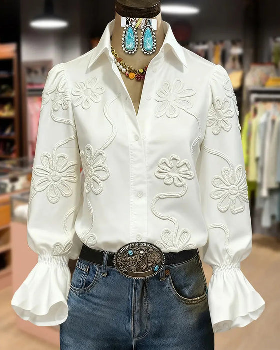 Chemise Fleur Manche Évasée Col Mandarin