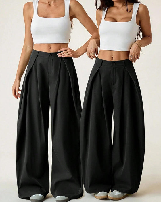 Pantalon Taille Haute Plissé Jambe Large Décontracté