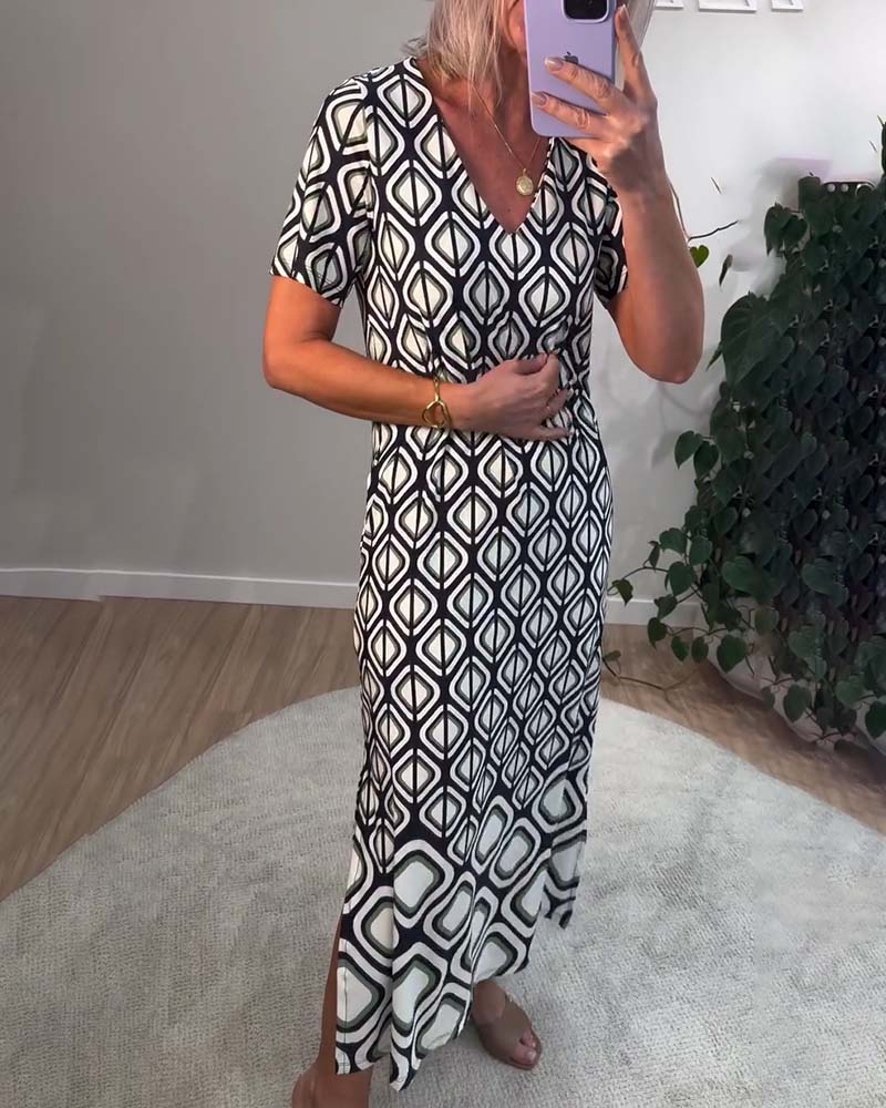 Robe Col V Géométrique Manches Courtes