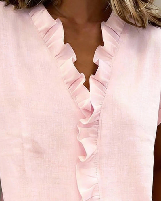 Blouse À Manches Courtes En Pur Coton Avec Col À Volants