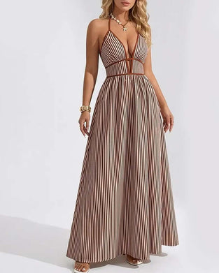 Robes Profond Col V Bretelle Spaghetti Rayure Longue