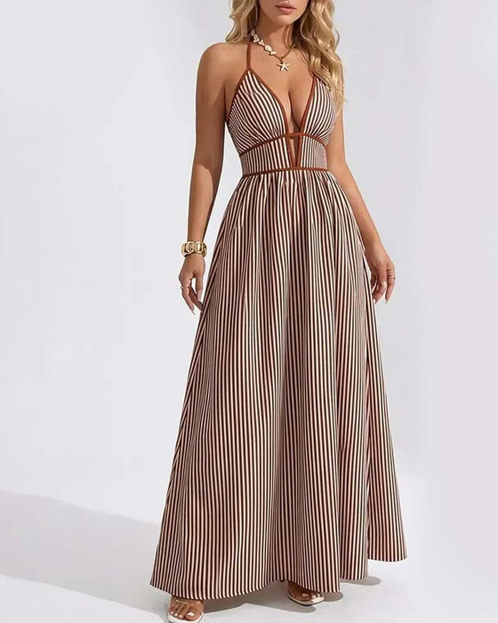 Robes Profond Col V Bretelle Spaghetti Rayure Longue