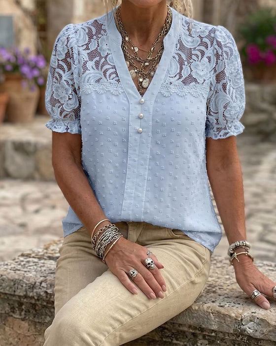 Chemisier Dentelle Patchwork Manche Bouffante Col V